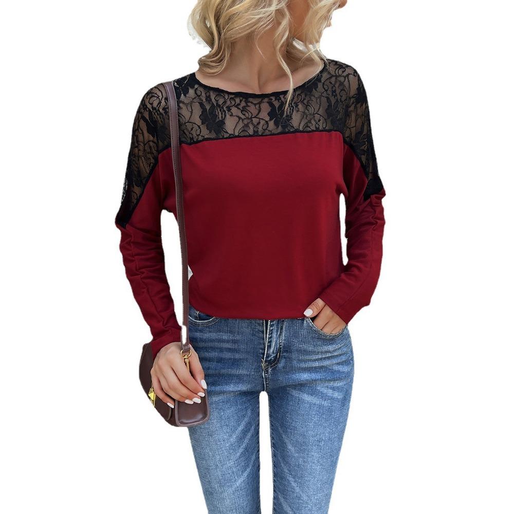 Women's Hollow-Out Lace Trim Sexy Top, Long Sleeve T-Shirt, Casual, Versatile