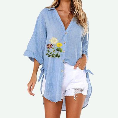 Plus Size Women Fashion Floral Print Shirt Summer&fall Casual Half Sleeve T-shirt Ladies Loose V Neck Buttoned-down Long Blouses