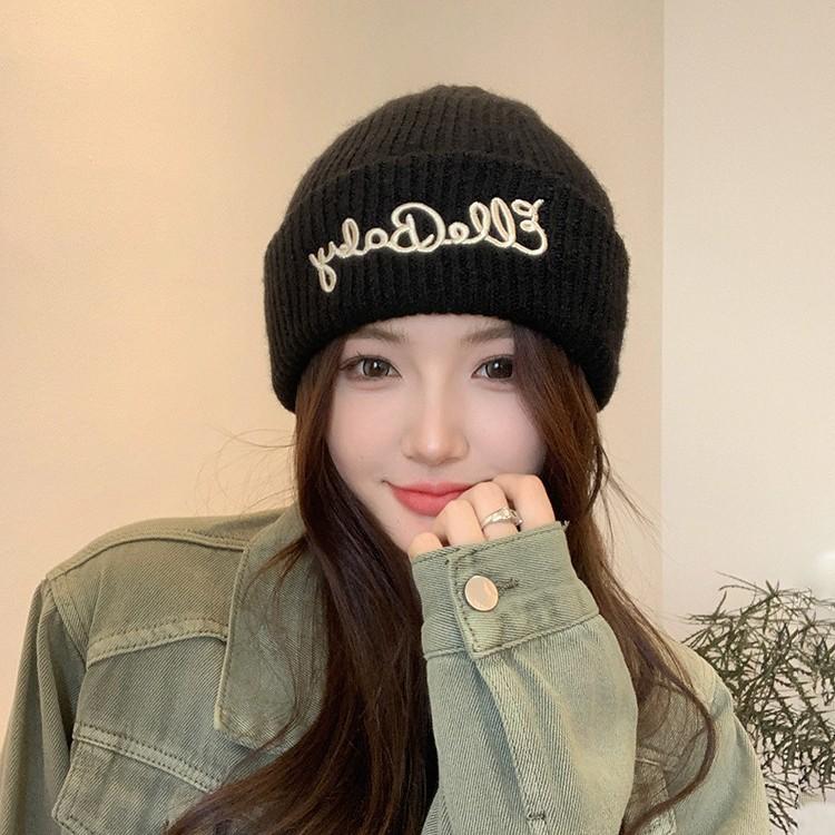 Thick Knitted Hat for Women in Autumn and Winter New Style Simple Versatile Letter Big Head Circumference Showing Face Small Woolen Ski Hat