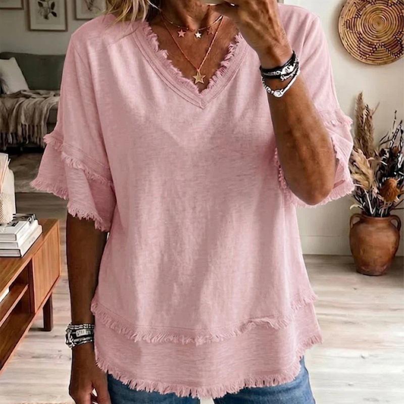 V-Neck Short Sleeve Loose Fit Women's Casual Pullover Top