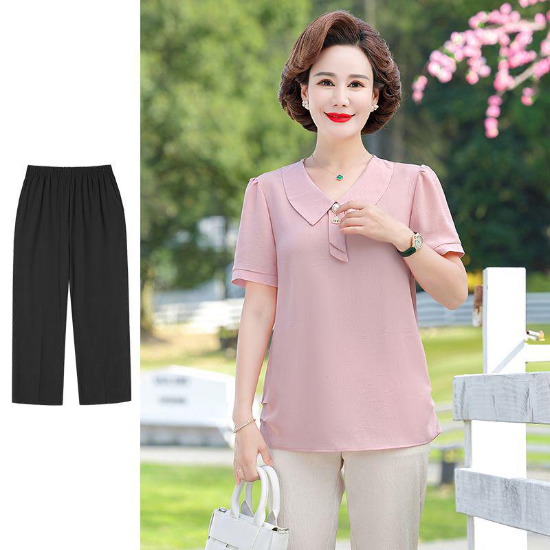 Mom's Stylish Summer Two-Piece Set: Chiffon Top & Short Sleeve T-Shirt for Middle-Aged Women