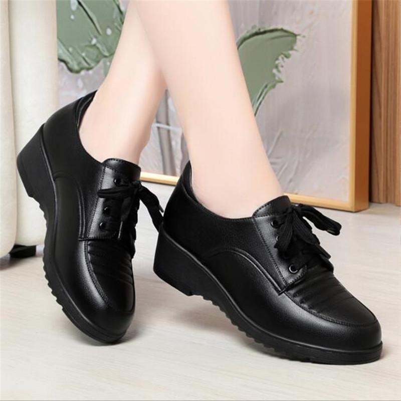 Brand Soft Leather Women Shoes Round Toe Casual Comfortable Women's Wedge Shoes Fashion Mother Shoes Lady Office High Heels