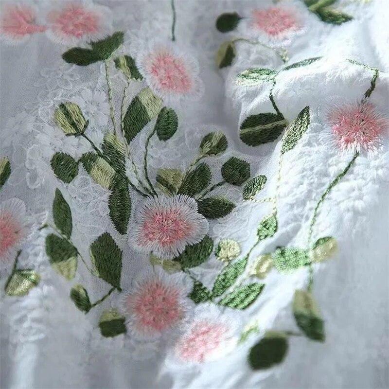 Literary Shirts for Women Embroidery Flowers Woman Blouses V-neck Half Sleeve Lace Blouses Summer Thin Top Shirt