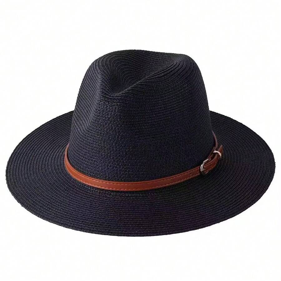 Women Wide Brim Straw Sun Hat With Belt Buckle Beach Summer Hat