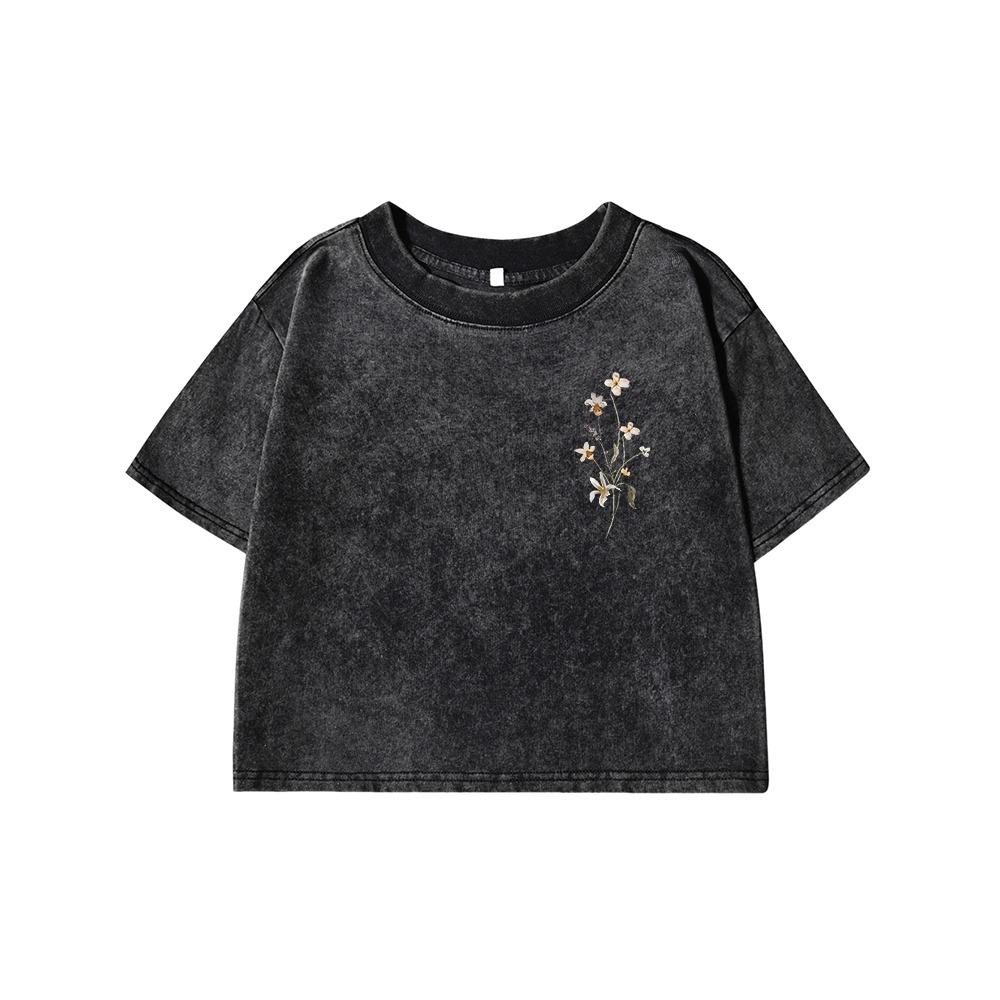 Schöner Blumendruck Damen Gewaschenes Kurzarm-T-Shirt Sommer Cool T-Shirts Destroyed Kleidung Atmungsaktives Retro-T-Shirt