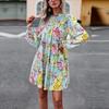 Women Floral Printed Casual Loose Fit Dress Long Sleeve Short O Neck All Match