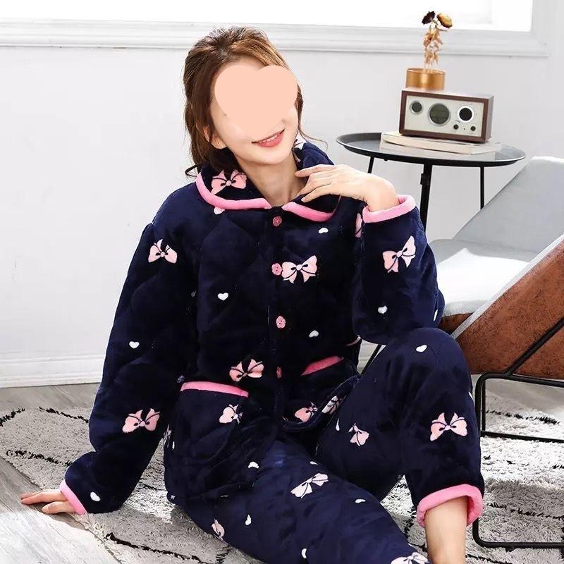 Pajamas women's winter warm winter fleece thickened coral fleece three layers of cotton autumn and winter women's loungewear
