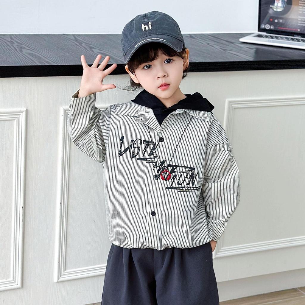 2026 Spring/Autumn Striped Faux Two-Piece Hooded Shirt for Boys & Girls - Trendy, Versatile Long-Sleeve Top