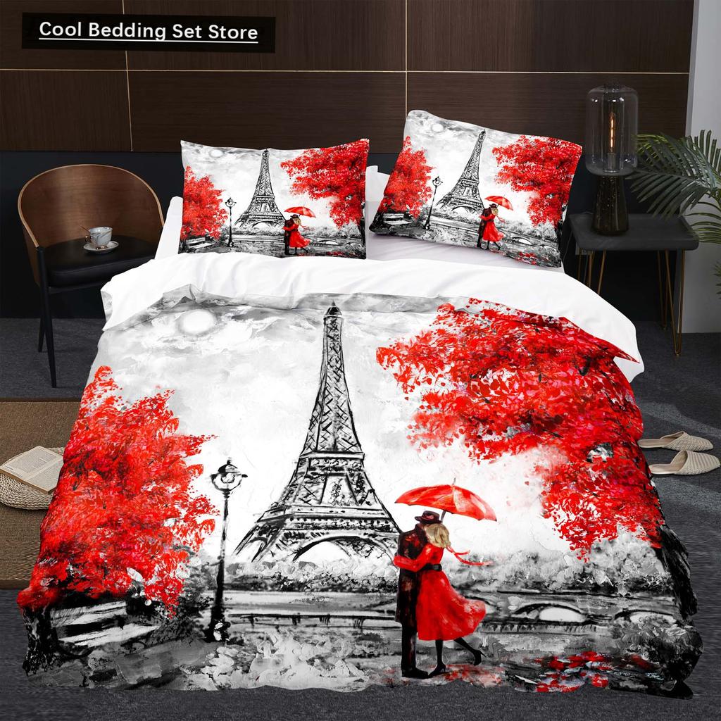 Eiffel Tower Flowers King Queen Duvet Cover Famous Architecture In Paris Bedding Set for Women Romantic Polyester Quilt Cover