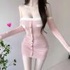 Women's Off-Shoulder Bodycon Dress - Long Sleeve, Figure-Hugging, Striped, Sexy Autumn/Winter Layer.