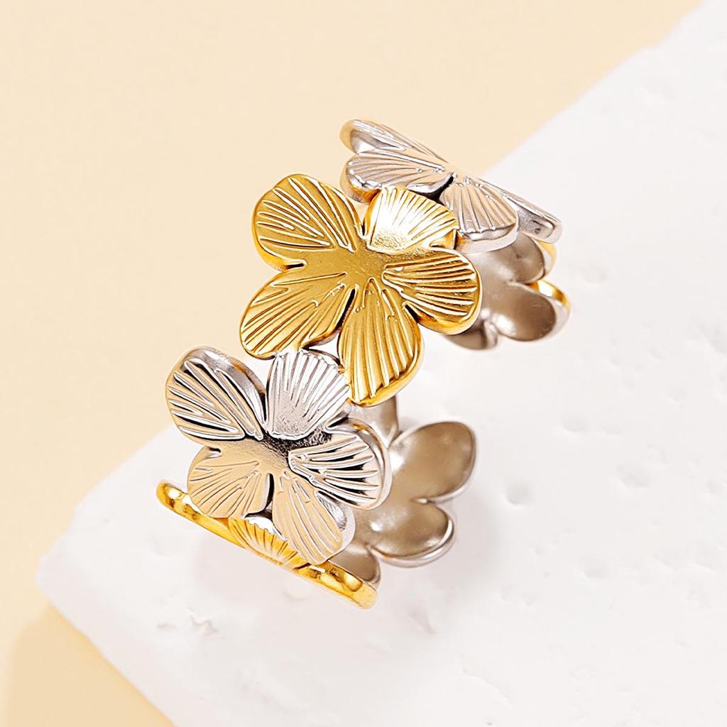 Adjustable Floral Gold-Plated Stainless Steel Ring - Fade Resistant, European & American Resort Style for Women