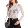 Women Tops Mock Collar Long Sleeve Slim Fit Blouses Sexy See-through Floral Embroidered Lace Mesh Shirt