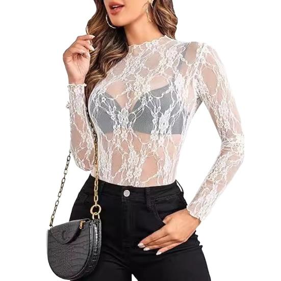 Women Tops Mock Collar Long Sleeve Slim Fit Blouses Sexy See-through Floral Embroidered Lace Mesh Shirt