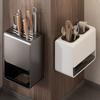 Wall-Mounted Countertop Knife Holder with Drip Tray Space-Saving Carbon Steel Plastic Rack for Kitchen Knives No-Drill Installation Anti-Slip