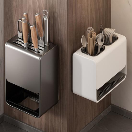 Wall-Mounted Countertop Knife Holder with Drip Tray Space-Saving Carbon Steel Plastic Rack for Kitchen Knives No-Drill Installation Anti-Slip
