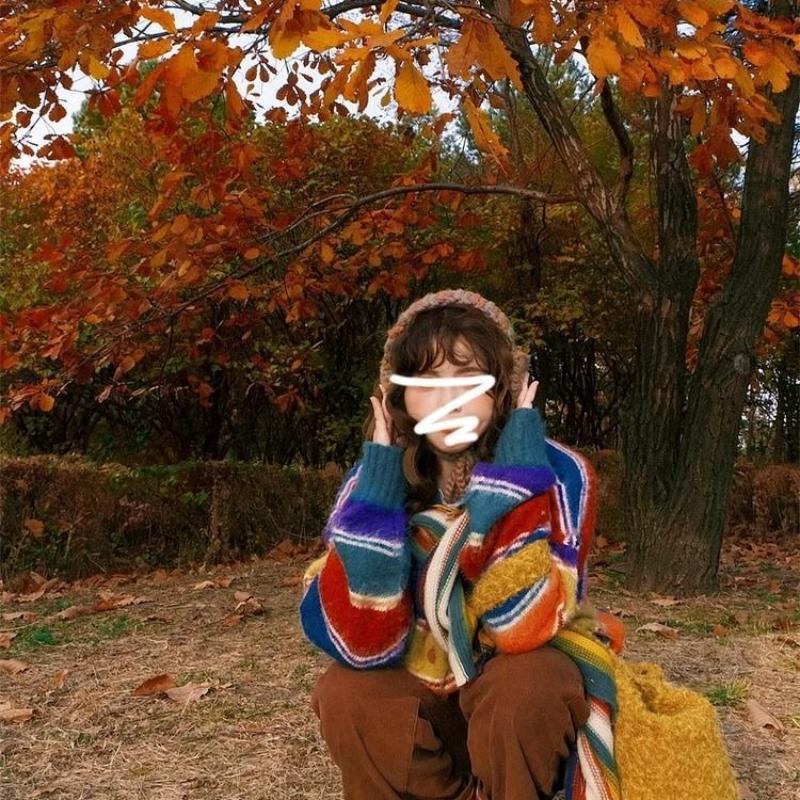 Women Colorful Striped Round Neck Sweater Japanese Retro Fashion Round Neck Cardigan Autumn Loose Lady Single Breasted Top