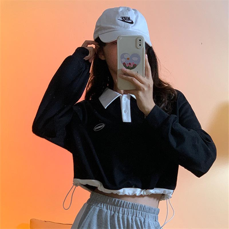 

Сладкий пуловер с воротником поло, длинными рукавами и приталенным силуэтом - Женский модный корейский весенний топ M (Suggested for under 50 kg) чёрный