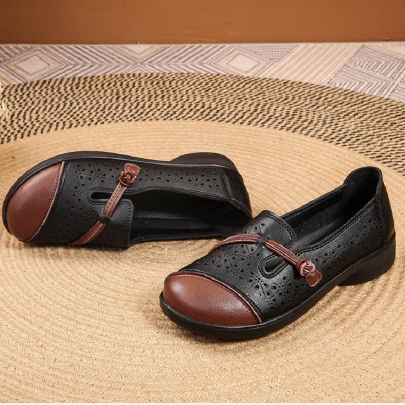 Fashion New Casual Mother Flats Summer Hollow Out Moccasins Women's Slip On Shoes 42 String Loafers Woman Faux Leather Flats Patchwork
