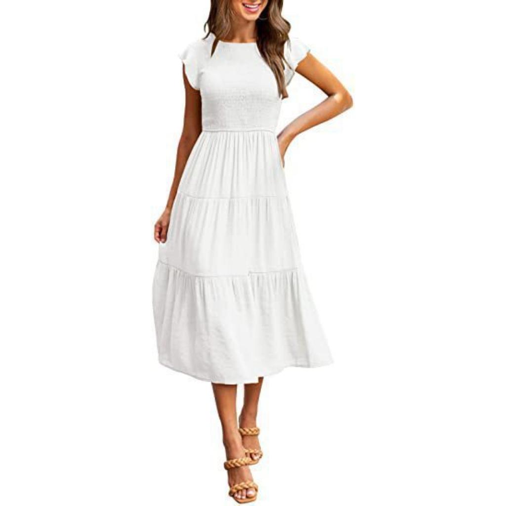 Women's Flutter Sleeve Smocked Tiered Midi Dress