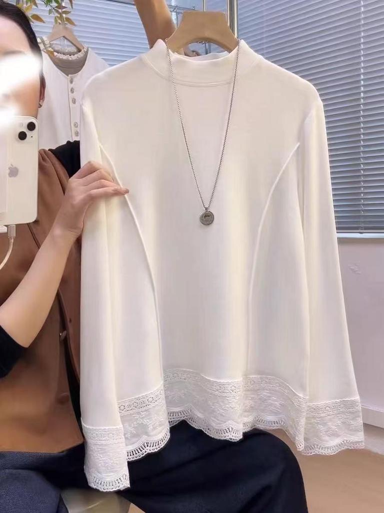 Korean Lace Patchwork Long-Sleeve Women’s T-Shirt, Age-Defying Loose Base Layer, Fall/Winter 2025 Fashion Design