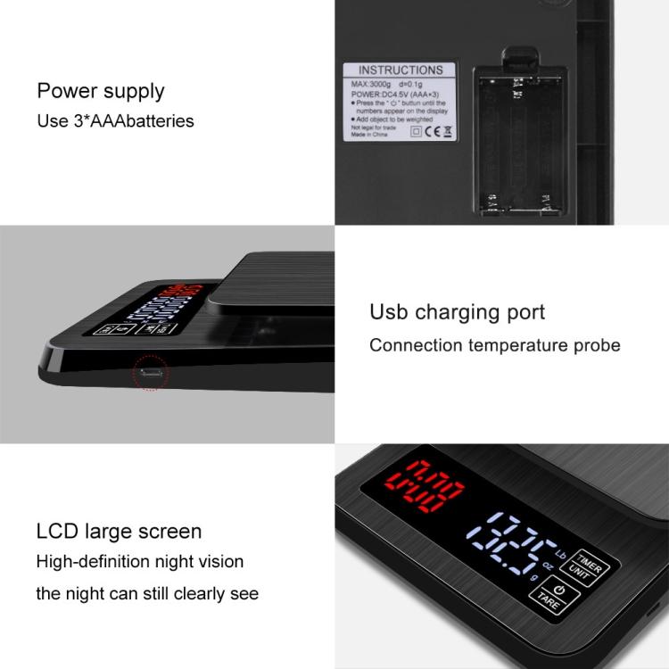 Factory Price 10kg/1g Household Hand-Pushed Coffee Scale USB-Powered Smart Kitchen Scale With Timing