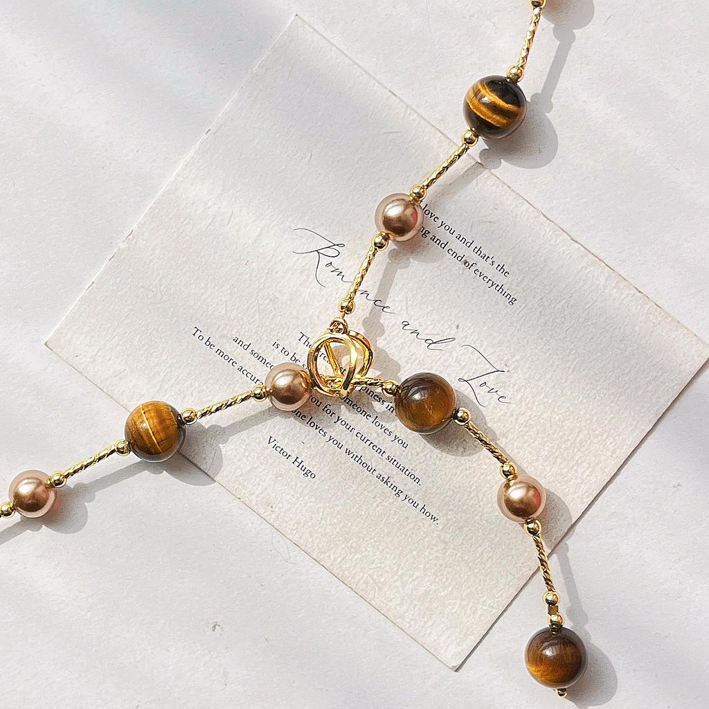 Vintage Boutique Natural Tiger'S Eye Stone Artificial Crystal Pearl Design Sense Sweater Chain Necklace Collarbone Chain Women