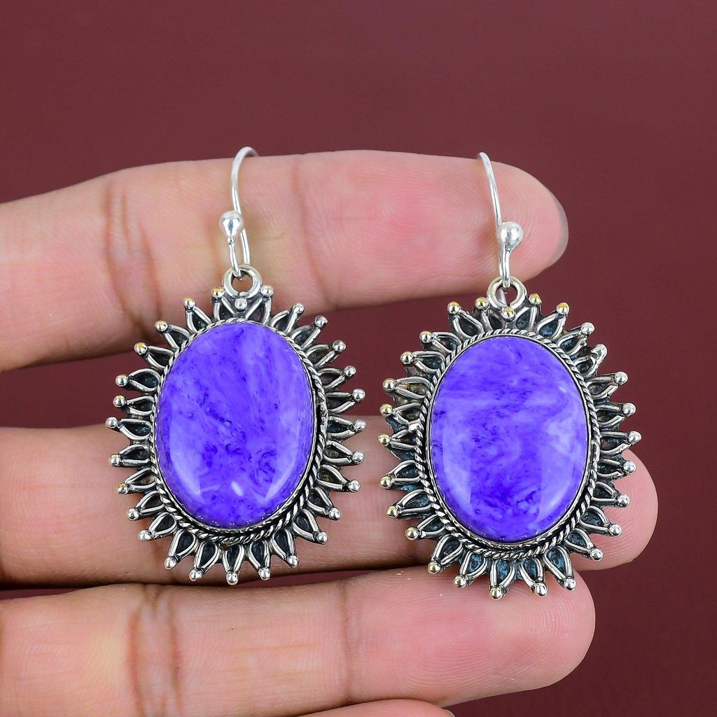 Charoite Gemstone Earrings Handmade Jewelry 925 Sterling Silver Earring Original Charoite Jewelry Awesome Dangle Earring Anniversary Gifts