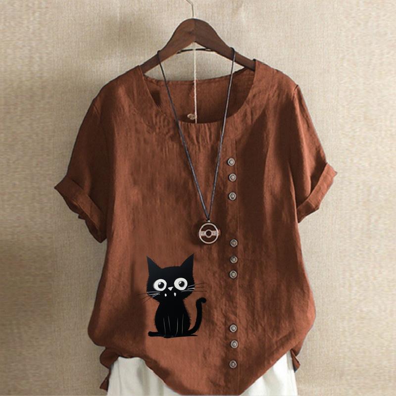Women's Fashion Cat Prined Short Sleeve T-shirt Loose Cotton Shirt Casual Loose Summer Blouse Plus Size Tops