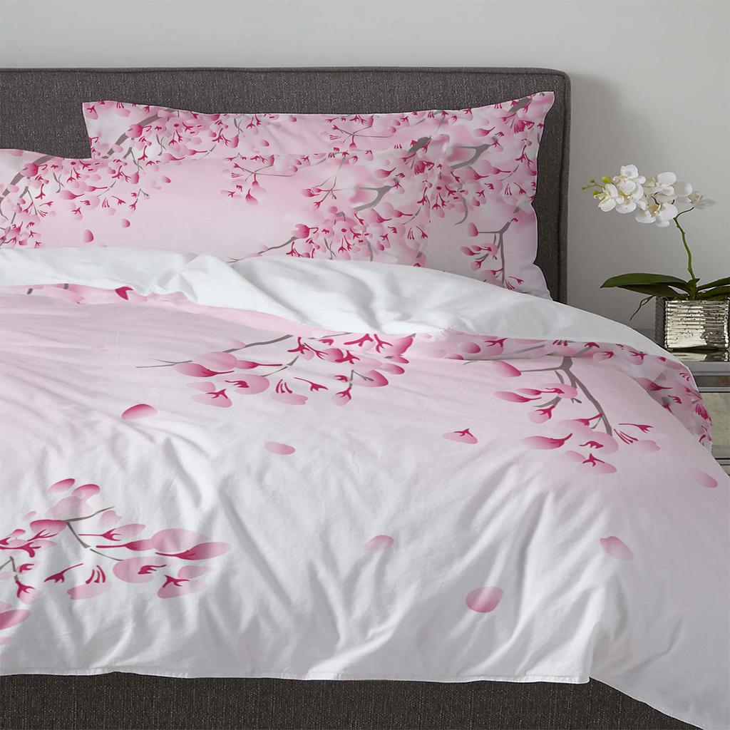 Bettwäscheset im japanischen Stil mit Sakura-Kirschblüten und rosa Blumen, 3-teilig, für Doppelbett, Heimtextilien, Bettbezug, Bettbezug, Kissenbezug