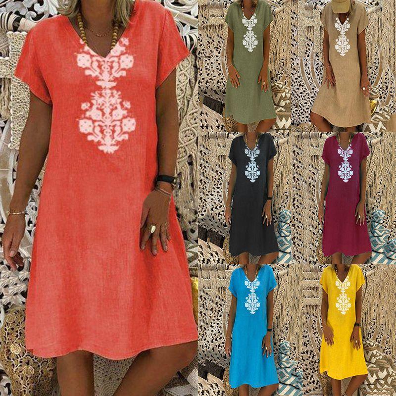 Versatile Women's Baggy Loose Short Sleeve V-neck Linen Kaftan Madi Dress Perfect For Daily Wear And Beach Outings