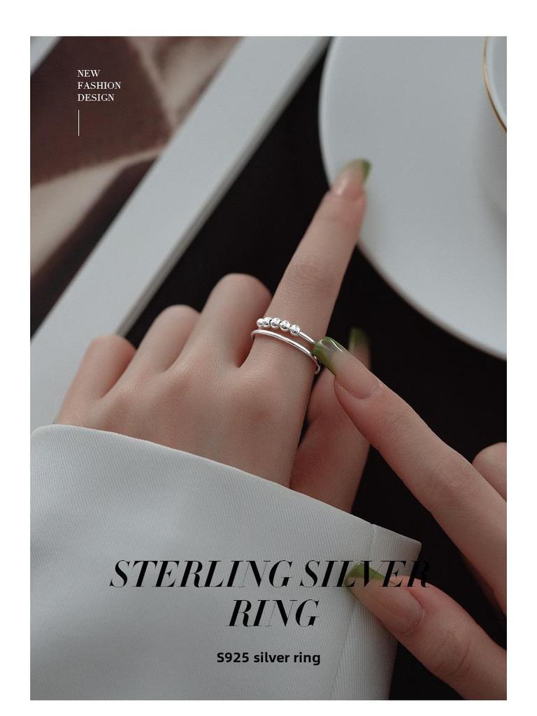 Pierścień z dwuwarstwowej obrotowej koralikowej kulki ze srebra S925 dla kobiet - pierścień na palec wskazujący przeciwlękowy i dekompresyjny, fajny styl