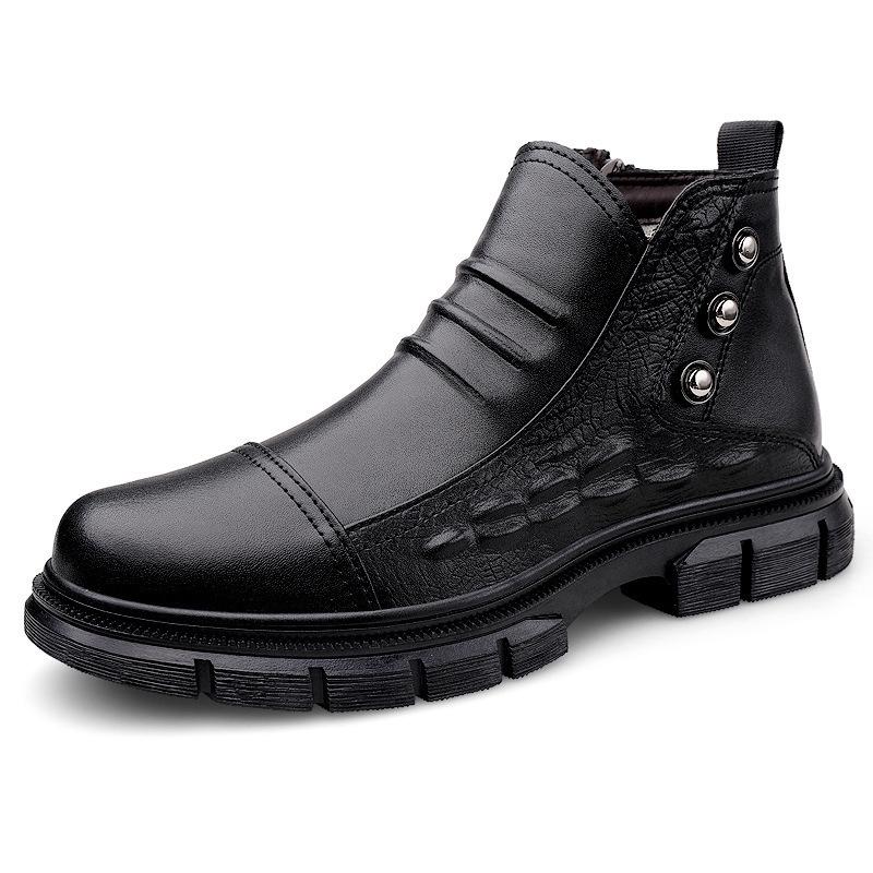 Men's High-top Sock Martin Boots: Outdoor Workwear Shoes, Autumn/Winter Cowhide Leather with Velvet Lining, Casual Cotton Design.