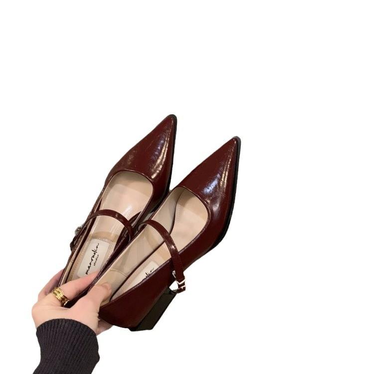 Spitze Temperament Rot Mary Jane Einzelne Schuhe Damenschuhe 2025 neu Frühling, Herbst und Winter Hochhackige Französische Abendschuhe