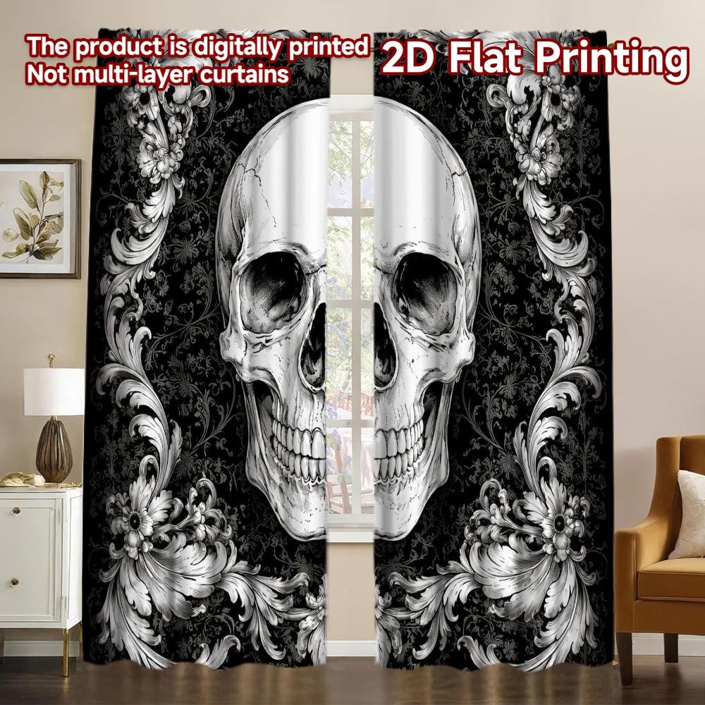 2D FLAT PRINTING 2pcs Curtains (Without Rod) Halloween Skull Floral Frame Modern Curtains Digital Printed 100% Polyester