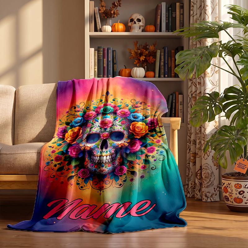 Flowers Skull Custom Flannel Blankets Soft Warm Cozy Throws for Home Decor Holiday Gifts