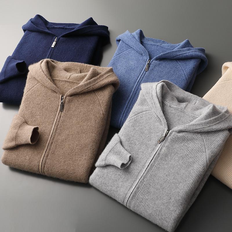 Autumn and Winter Men Wool Sweater Hooded Zipper Cardigan Thickened Knit Large-size Jacket Long Sleeved Sportswear Coat