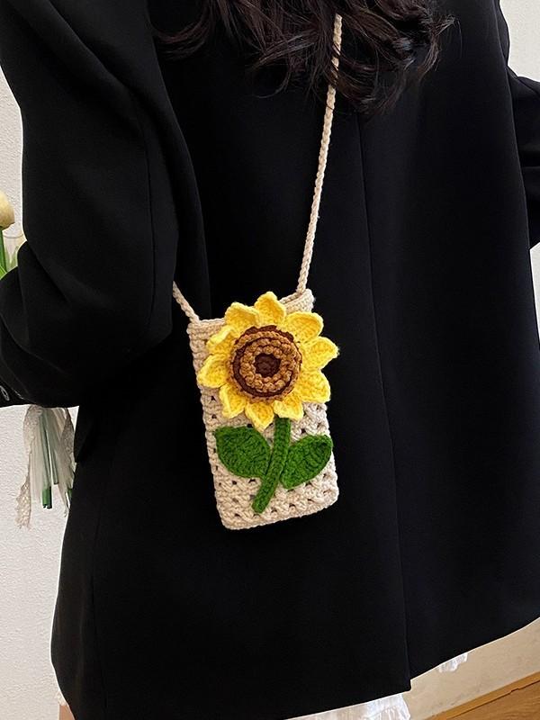 Sunflower Phone Bag Handmade Knitted Cotton Crossbody With Flower Design For Casual Wear