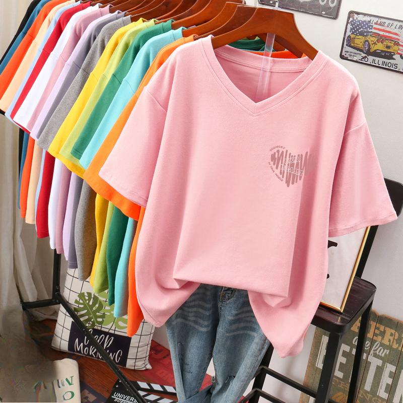 T-shirt a maniche corte, Ampia, Top V-neck stampato snellente per donna