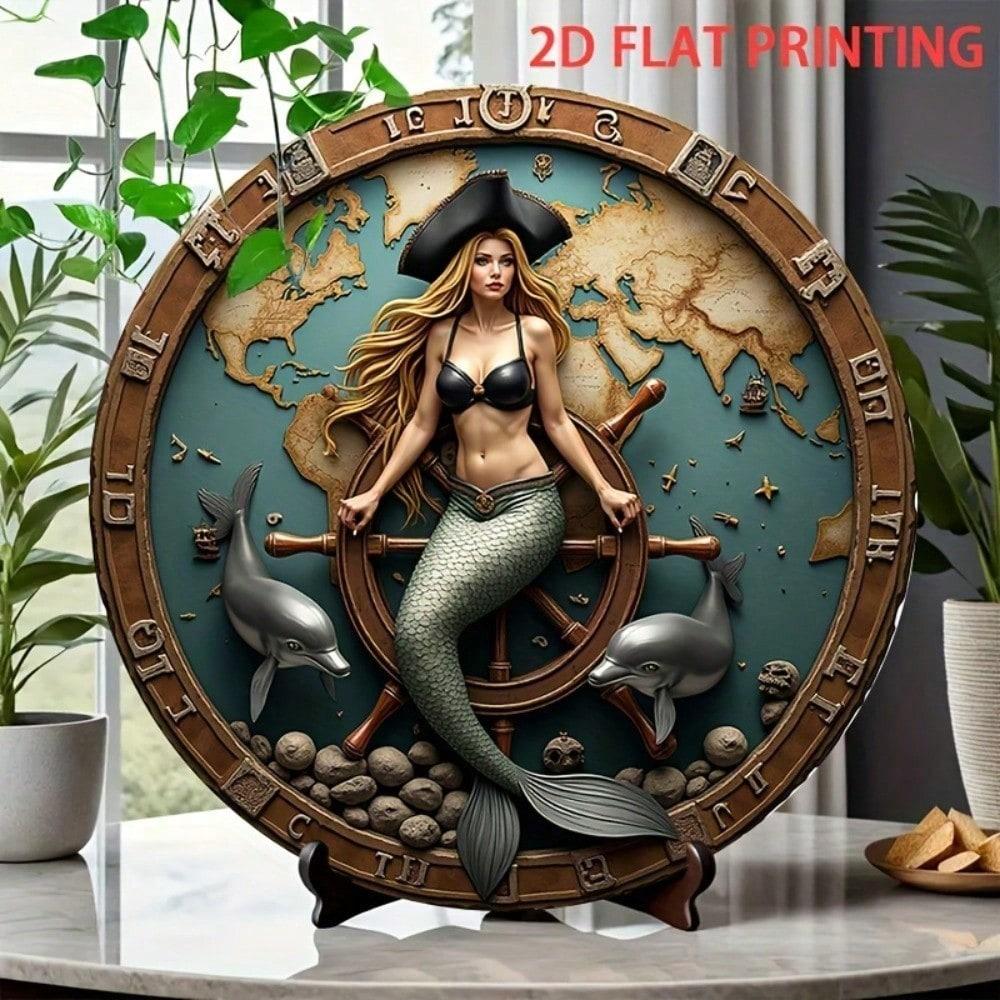 

Mermaid Nautical Ship Wheel Dolphin Vintage Ocean Metal Wall Poster for Living Room
