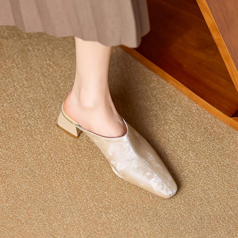 Fashion 2025 Summer Women Shoes Genuine Leather Square Toe Women Sandals Solid Modern Sandals for Women Shaped Heel Women's Mules Shoes