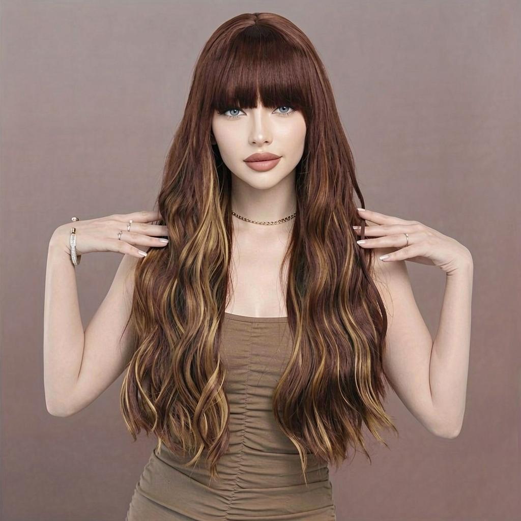 Fashionable Women's Wig: Large Waves, Brown with Blonde Highlights, High-Temperature Silk Wig