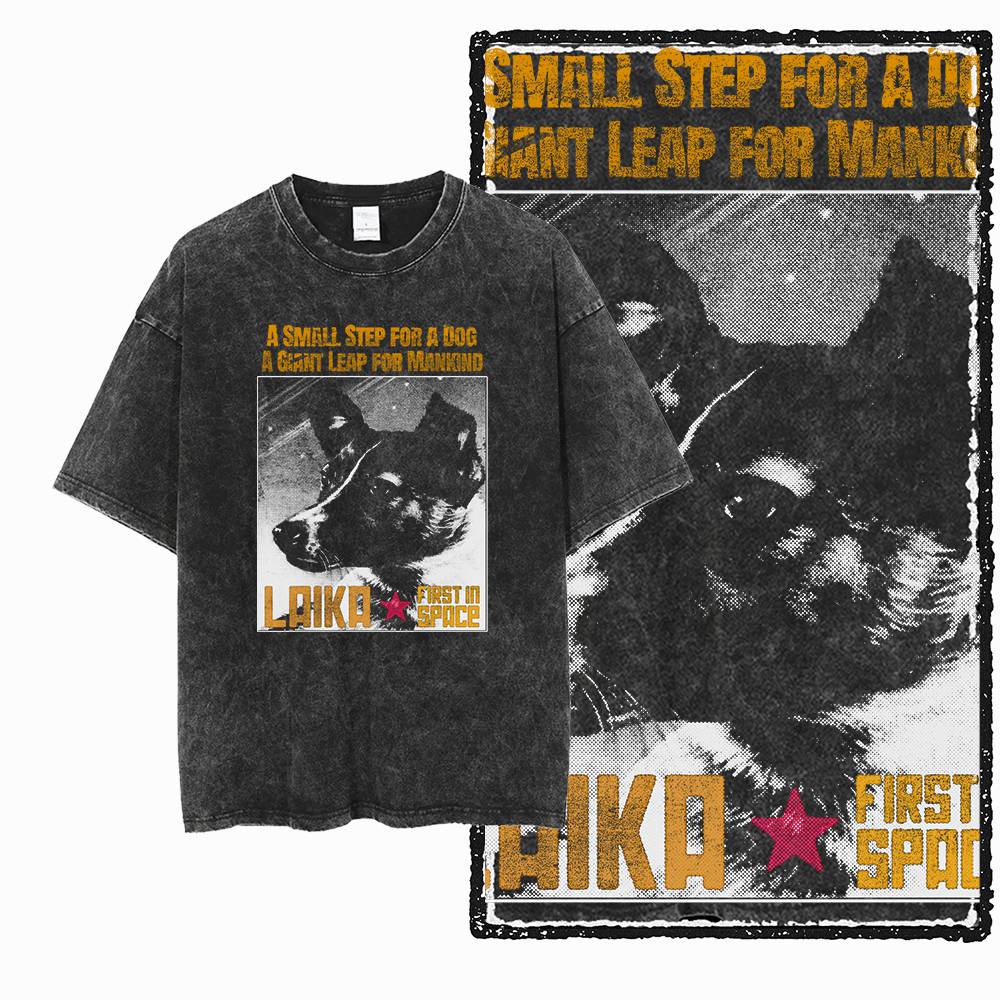 G Acid Washed Black Cotton Unisexs Streetwear Dog Laika GraphicTshirt Big Size Cool Vintage Oneck Unisexs Tee Tshirt