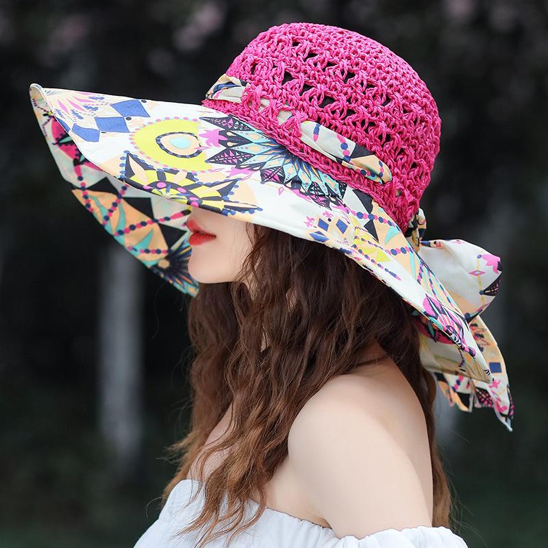 

Korean style women s breathable beach wide-brim straw hat, spring and summer flower sun hat, fashionable sunscreen handmade hat красный
