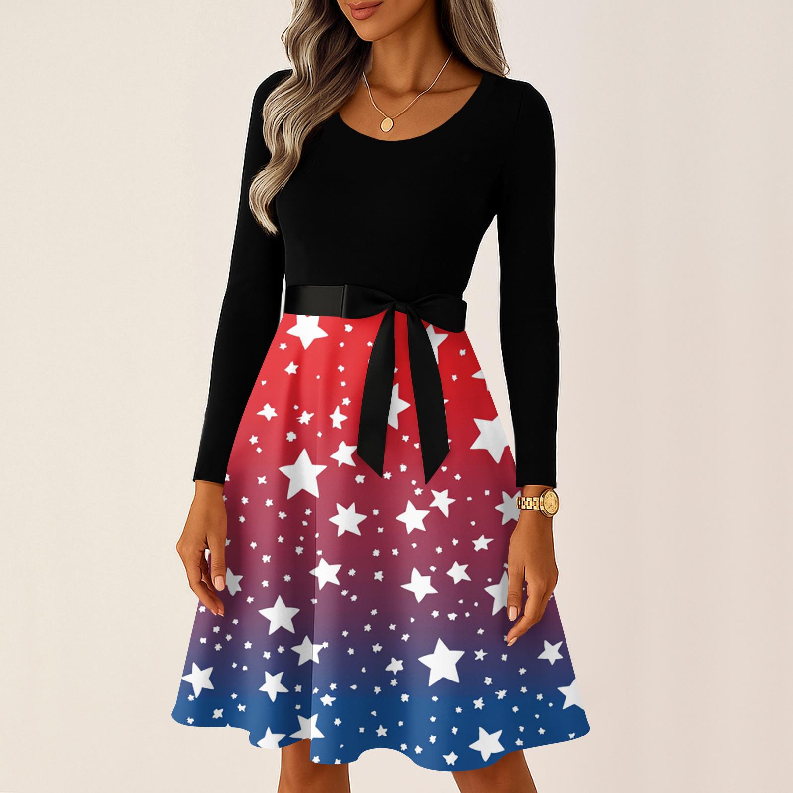 

Ladies Casual And Fashionable Round Neck Long Sleeved Retro Independent Day Print Retro Dress XXXXXL червоний