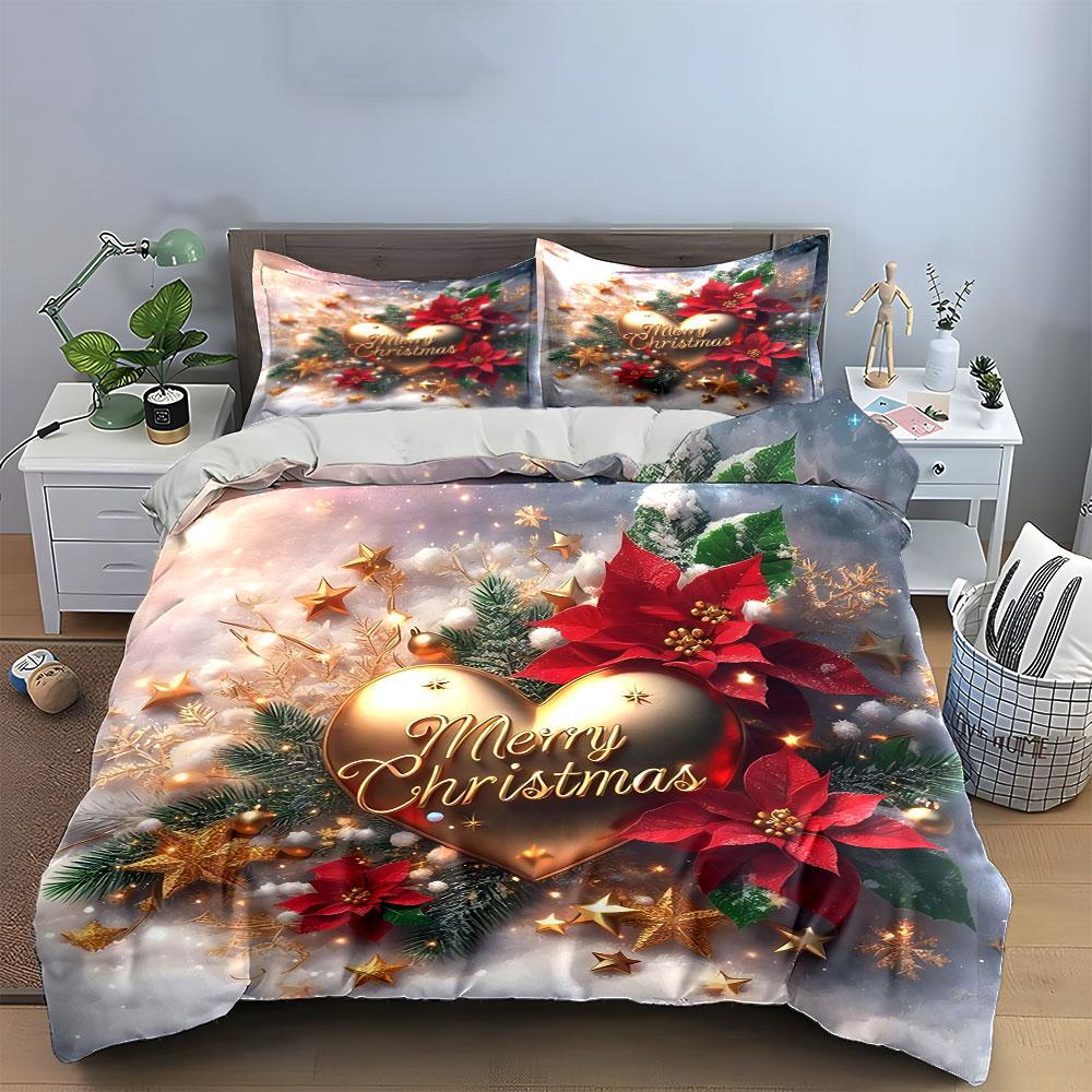 Golden Merry Christmas Design Bedding Duvet Cover Set Duvet Cover Pillowcases (1*Duvet Cover 2*Pillowcases, without duvet insert)