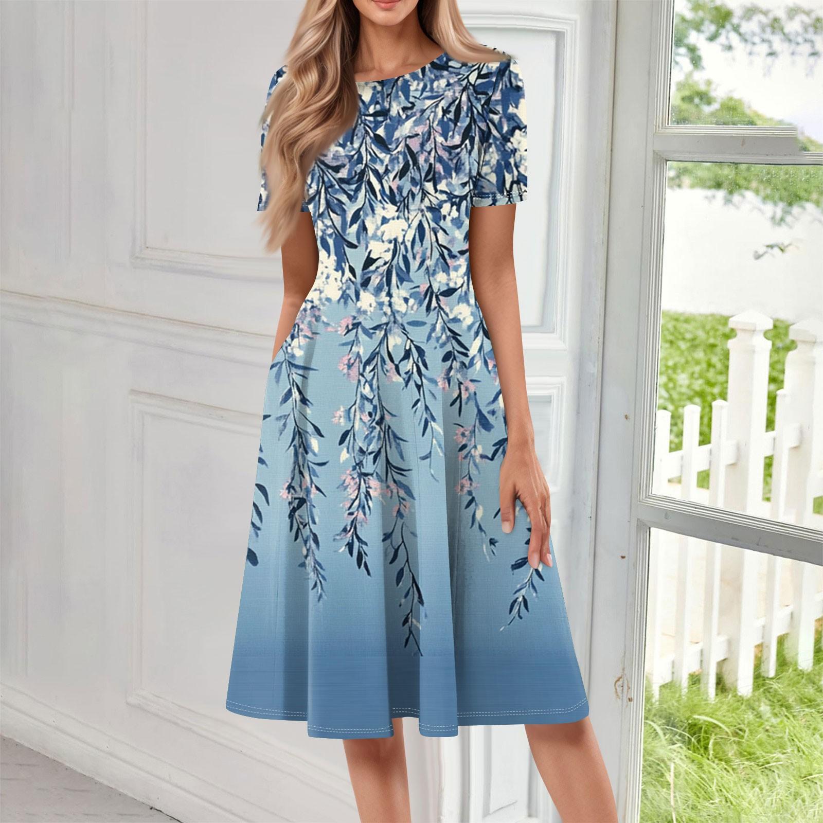 

Женское свободное повседневное и модное платье с круглым вырезом и короткими рукавами, средней длины с принтом M синий