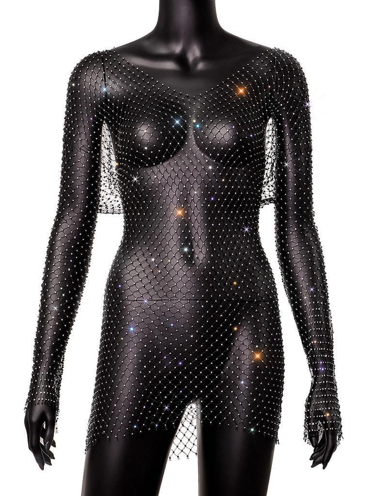 Women's Flared Sleeve Mesh Flash Diamond Crew Neck Dress Sexy Hollow Women's Dress