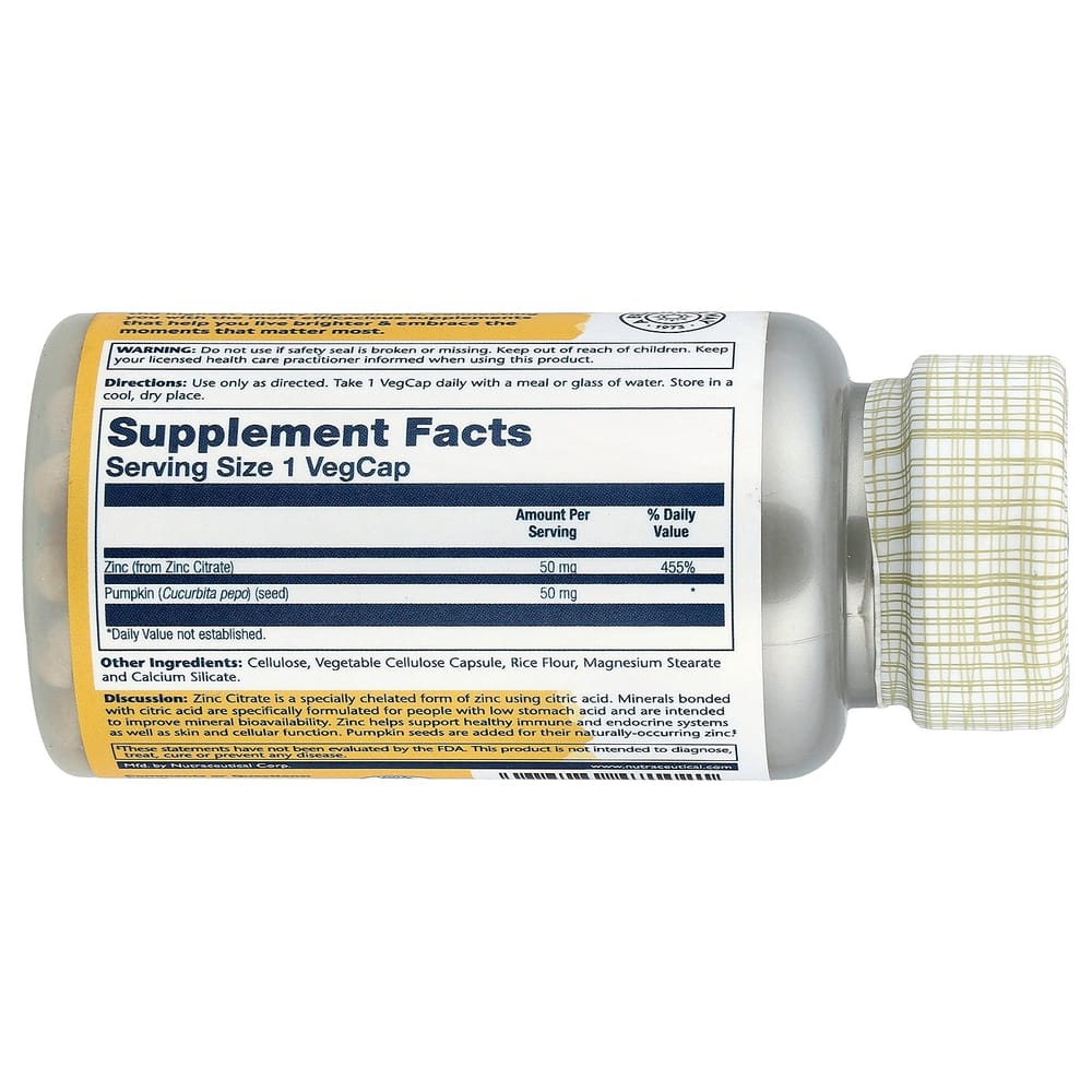 Solaray Zinc Citrate 50mg with Pumpkin Seed, 60 Veggie Capsules