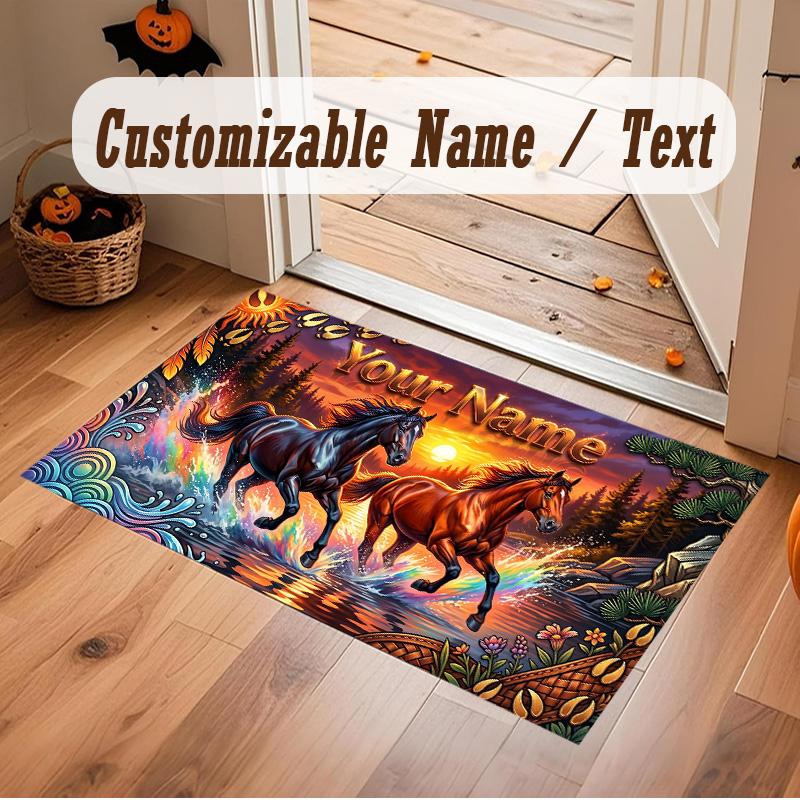 Horse Theme Soft Crystal Velvet Rug Custom Name & Text Print Non Slip Floor Rug for Bedroom Living Room
