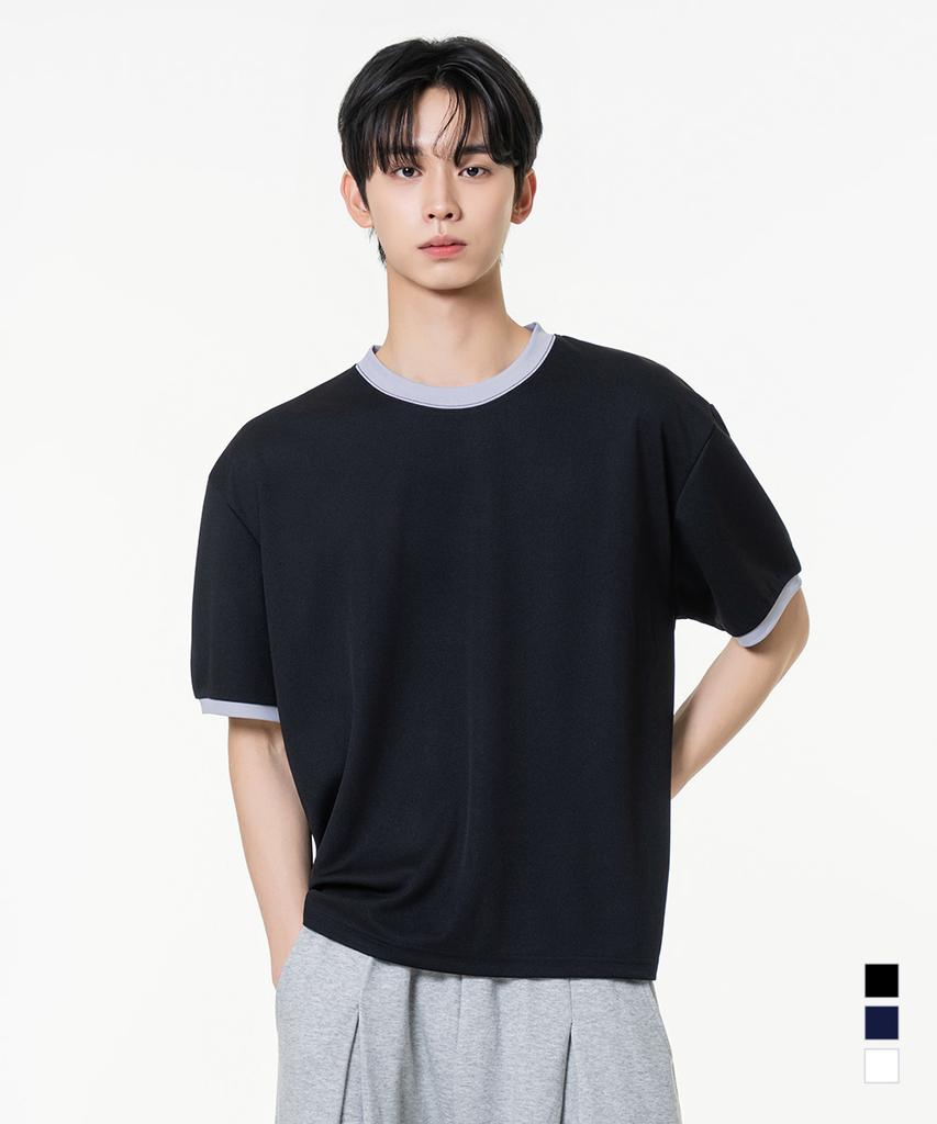MOZMOZ Essential Air Mesh Short Sleeve Ringer T-Shirt Black